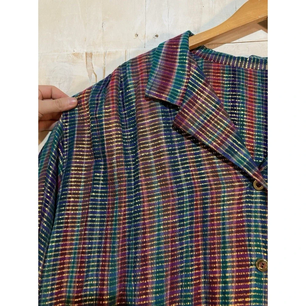 Handmade Button Down Shirt Women‎ Sz L Multi-Color Metallic Lurex Plaid Tunic - Picture 6 of 13